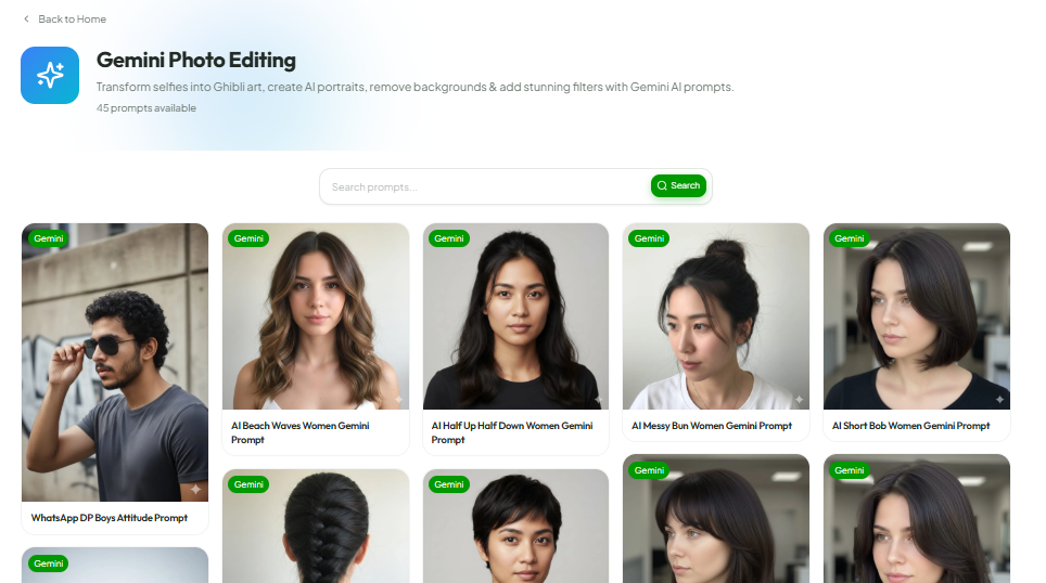 AI Gemini Prompt photo editing categories - hair style, portrait, DP prompts for Gemini